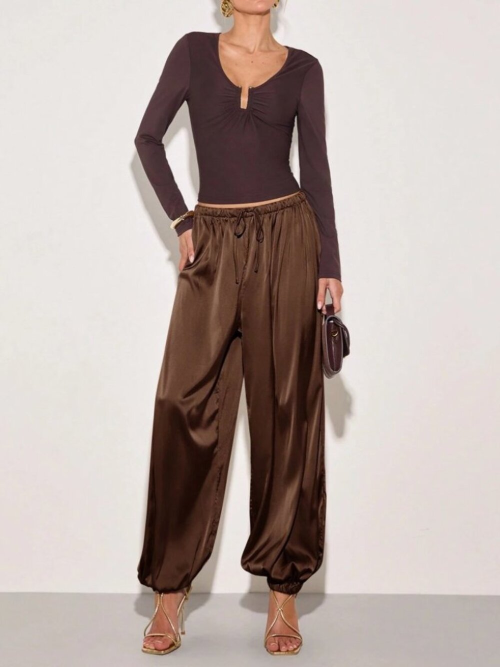 Brown Satin Harem Pants with Drawstring Waist & Cuffed Ankles